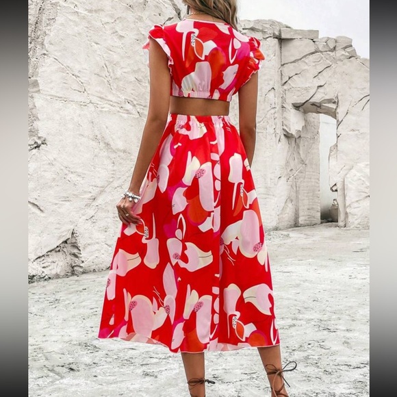 Boho Abstract Geo Print Cut Out Deep V -Neck Dress RED - Picture 3 of 4